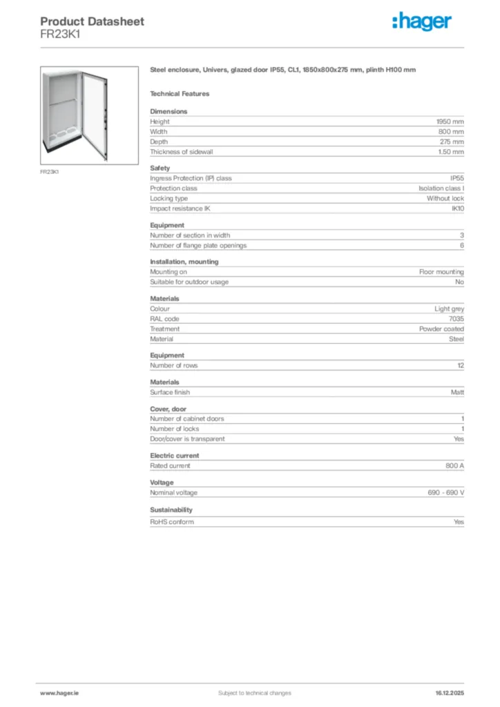 Image Hager Product data sheet FR23K1  | Hager