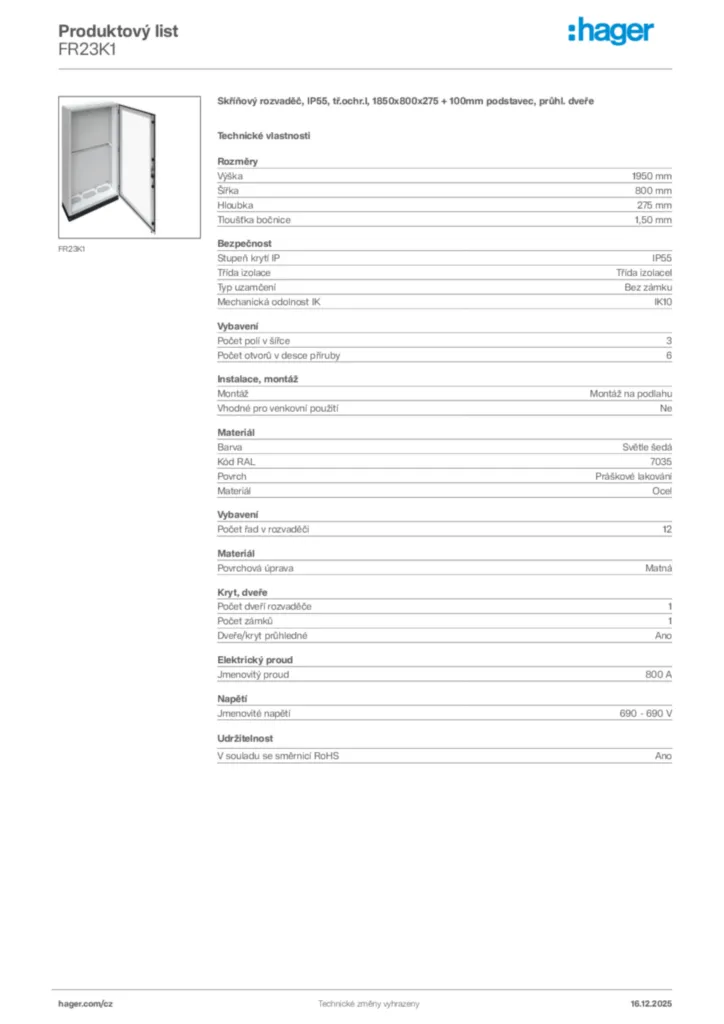 Obrázek Hager Produktový list FR23K1 | Hager