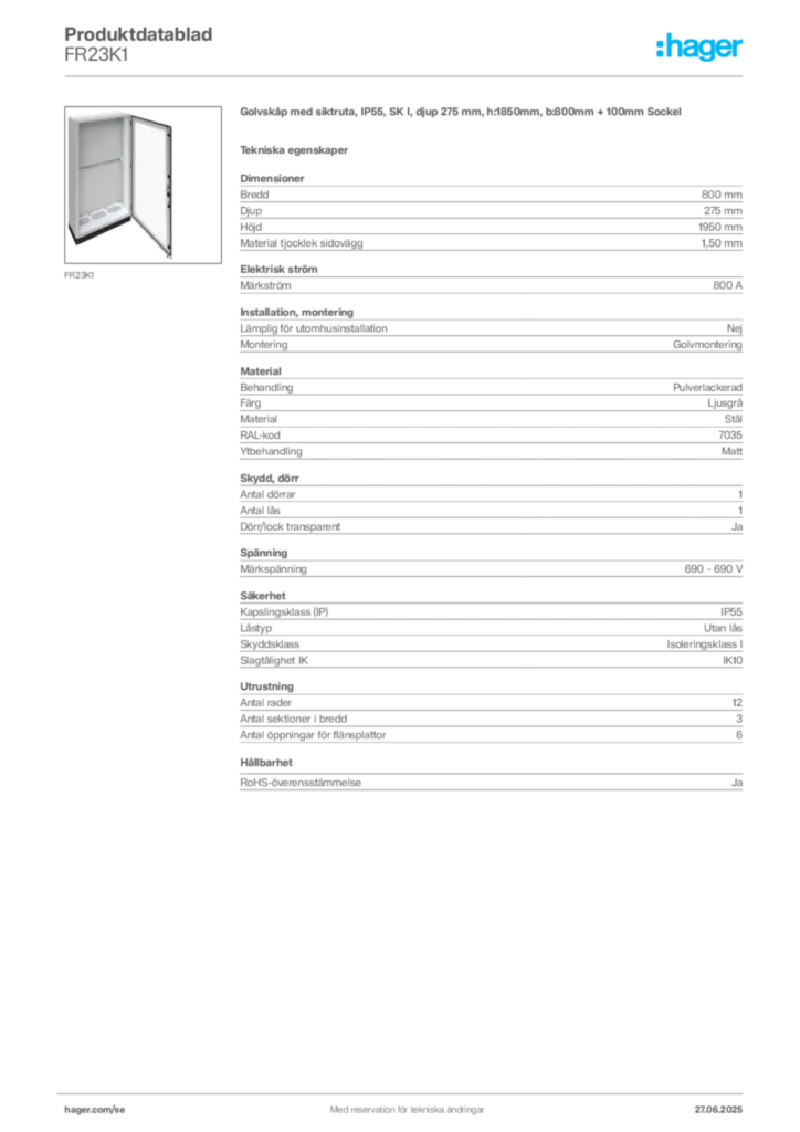 Bild Hager Produktdatablad FR23K1 | Hager Sverige