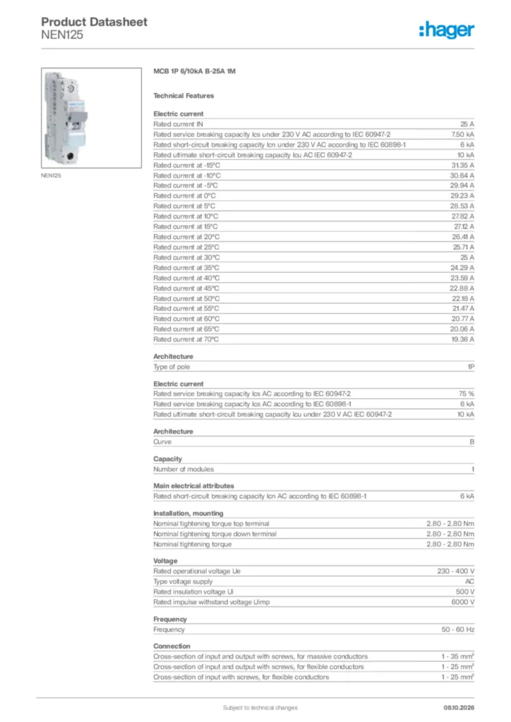 Image Hager Product data sheet NEN125  | Hager Africa