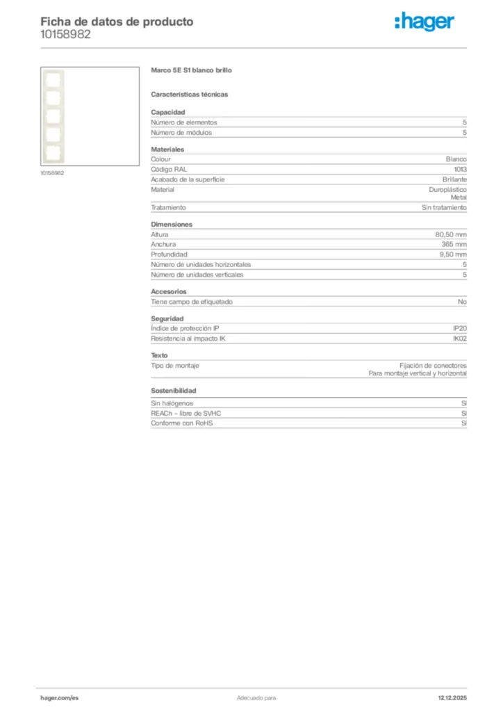 Imagen Hager Ficha de datos de producto 10158982 | Hager España