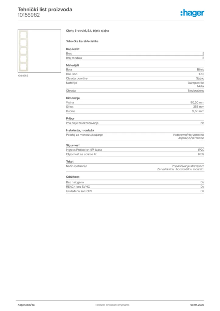 Slika Hager Tehnički list proizvoda 10158982  | Hager