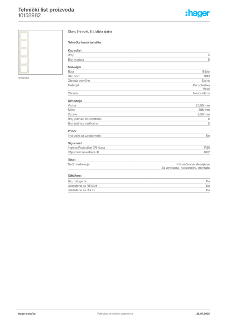 Slika Hager Product data sheet 10158982  | Hager