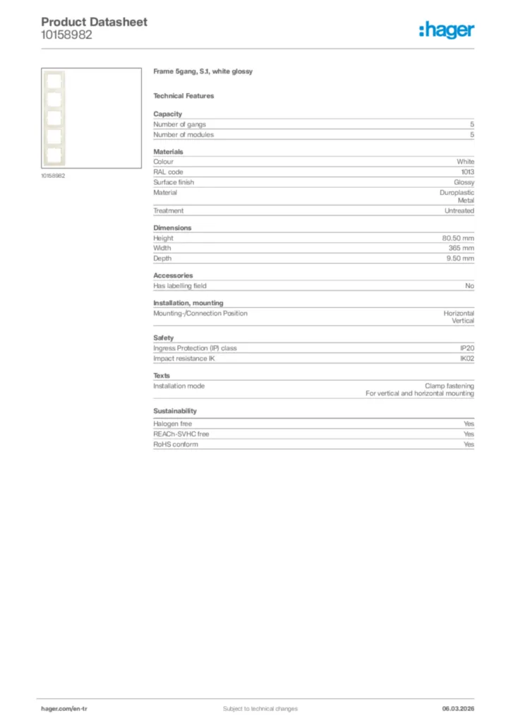 Image Hager Product data sheet 10158982  | Hager