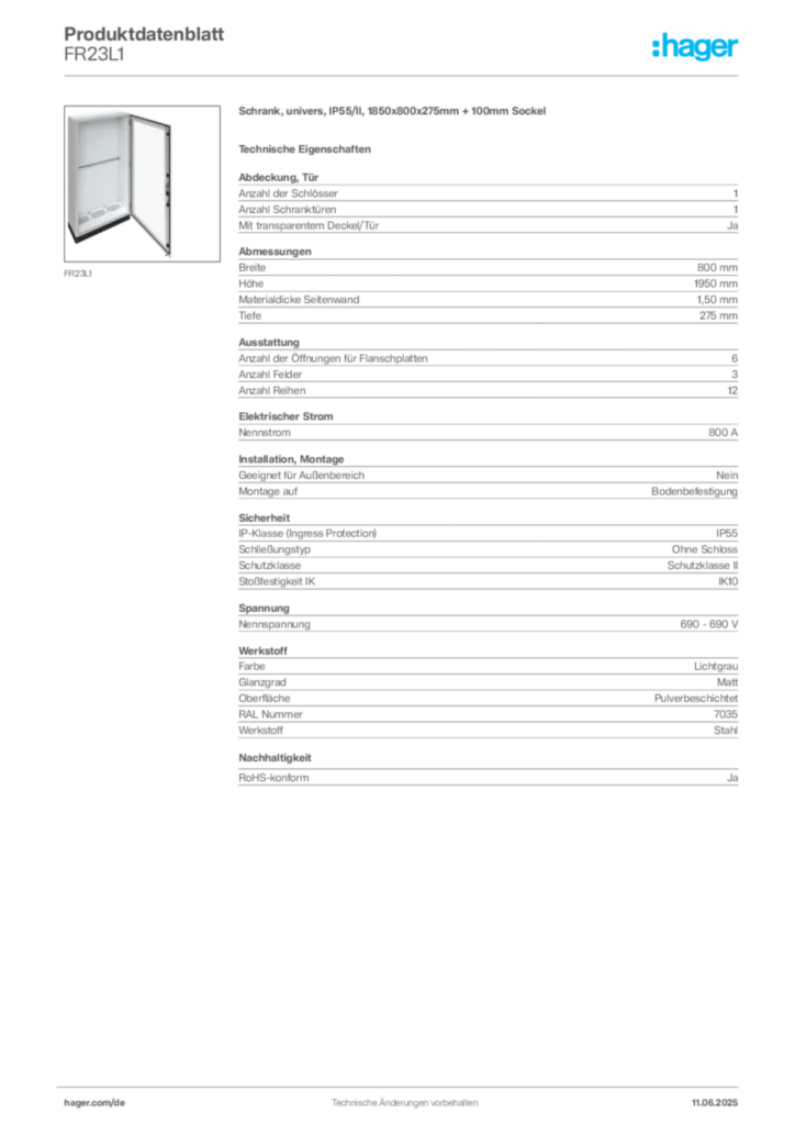 Hager Produktdatenblatt FR23L1