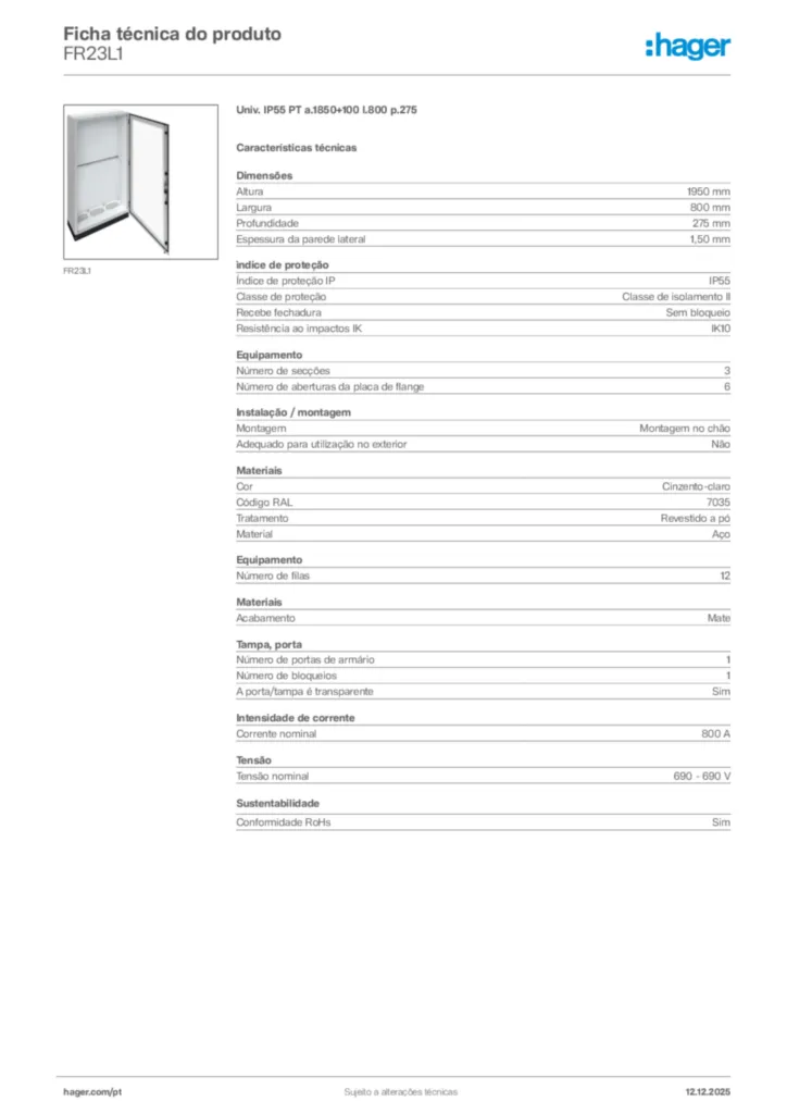 Imagem Hager Ficha técnica do produto FR23L1 | Hager Portugal