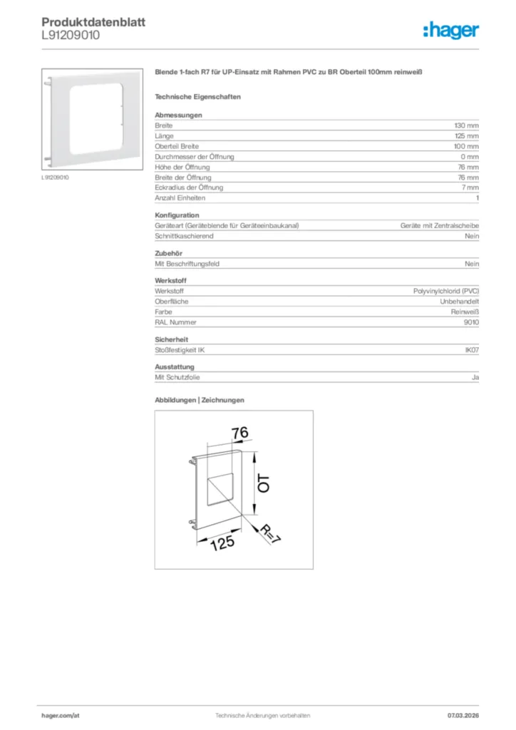 Bild Hager Produktdatenblatt L91209010 | Hager Deutschland