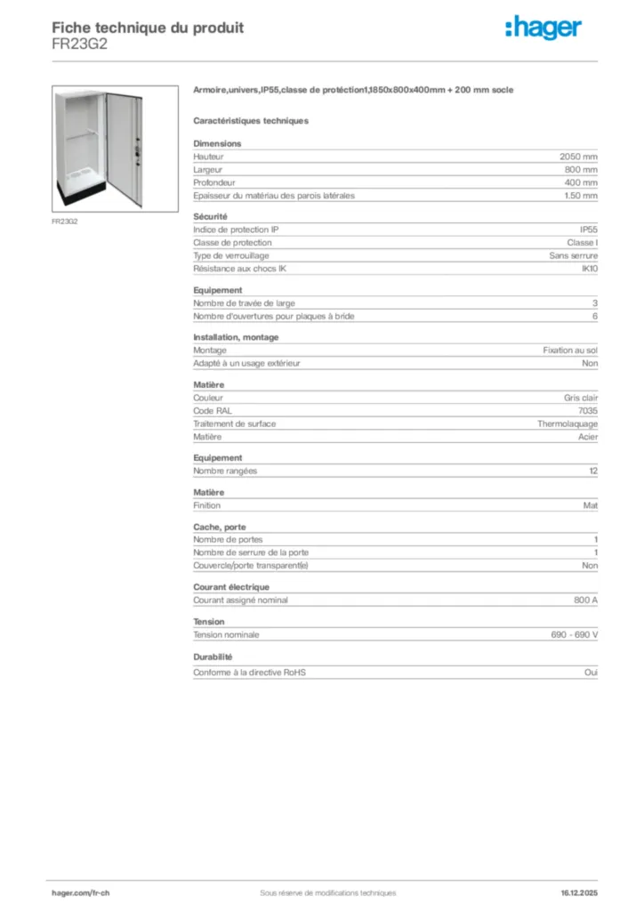 Image Hager Fiche technique du produit FR23G2 | Hager Suisse