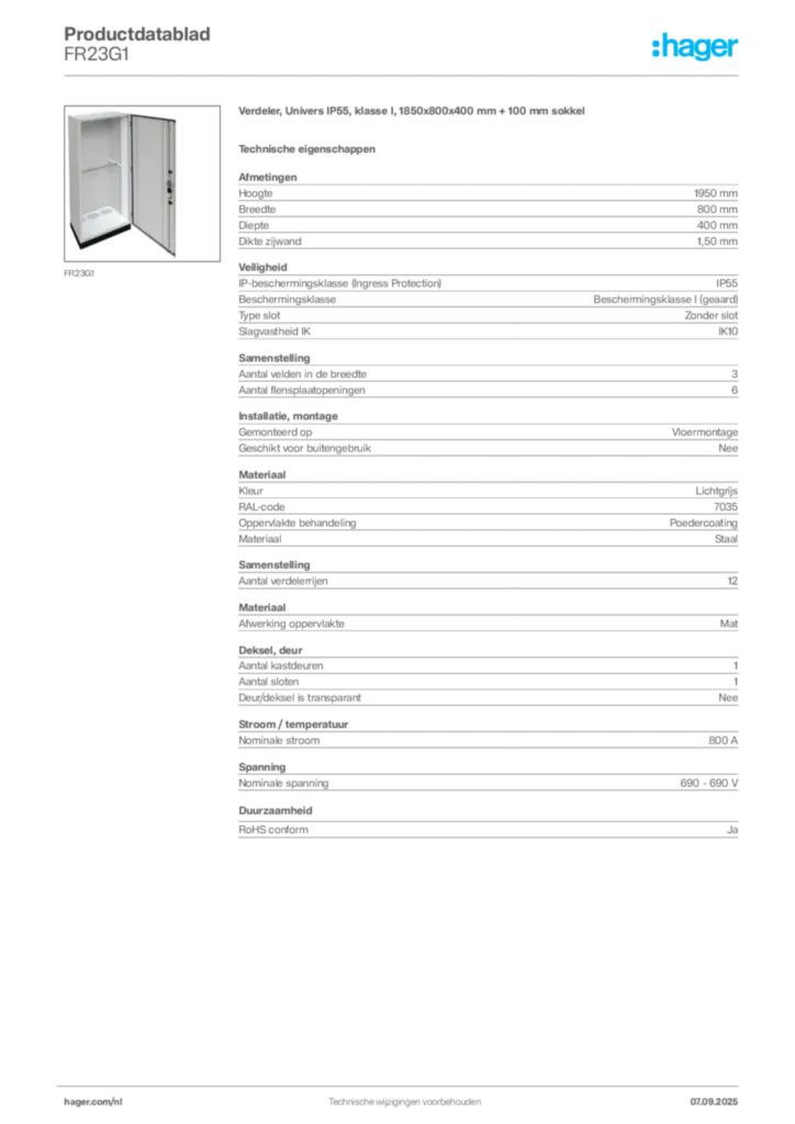 Afbeelding Hager Productdatablad FR23G1 | Hager Nederland