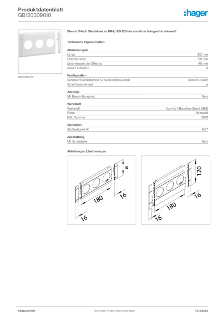 Bild Hager Produktdatenblatt GB120309010 | Hager Deutschland