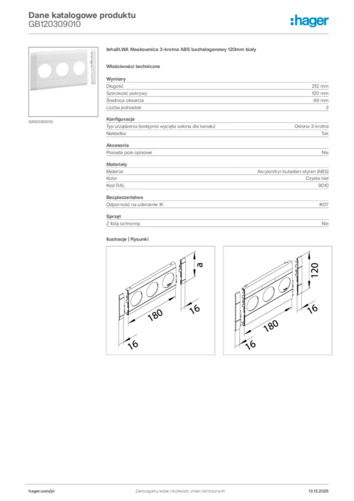 Zdjęcie Hager Karta katalogowa GB120309010 | Hager Polska