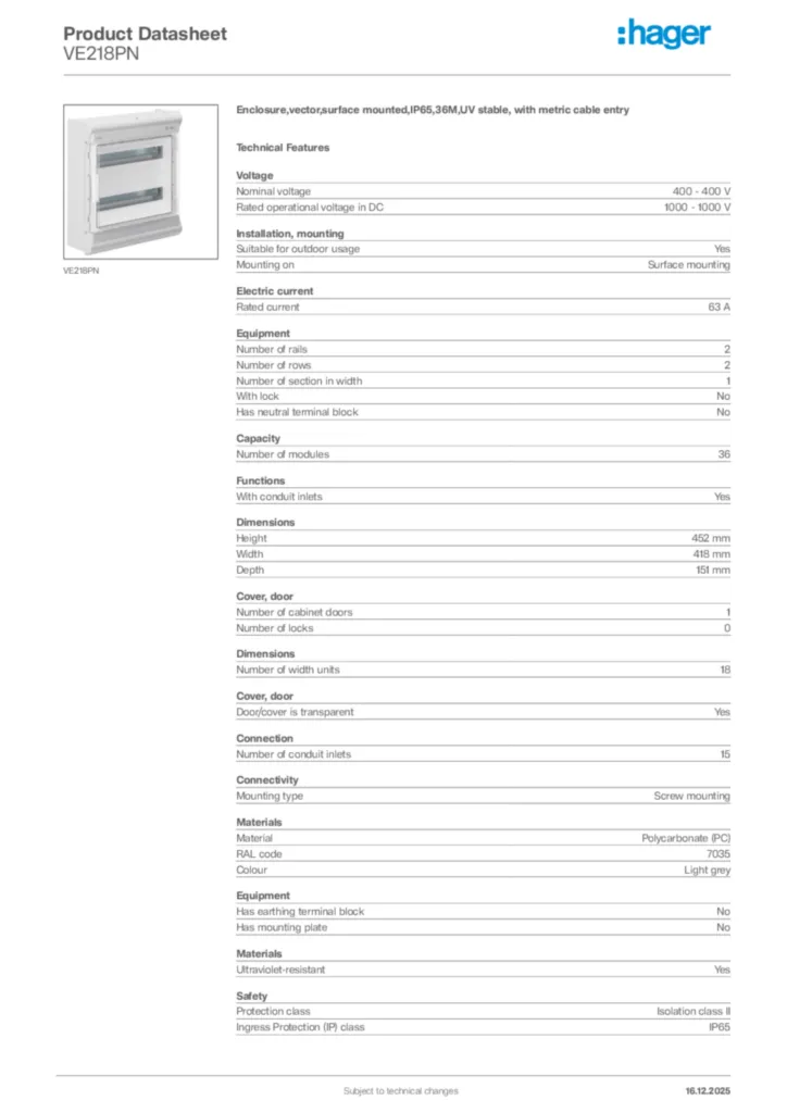 Image Hager Product data sheet VE218PN  | Hager Africa