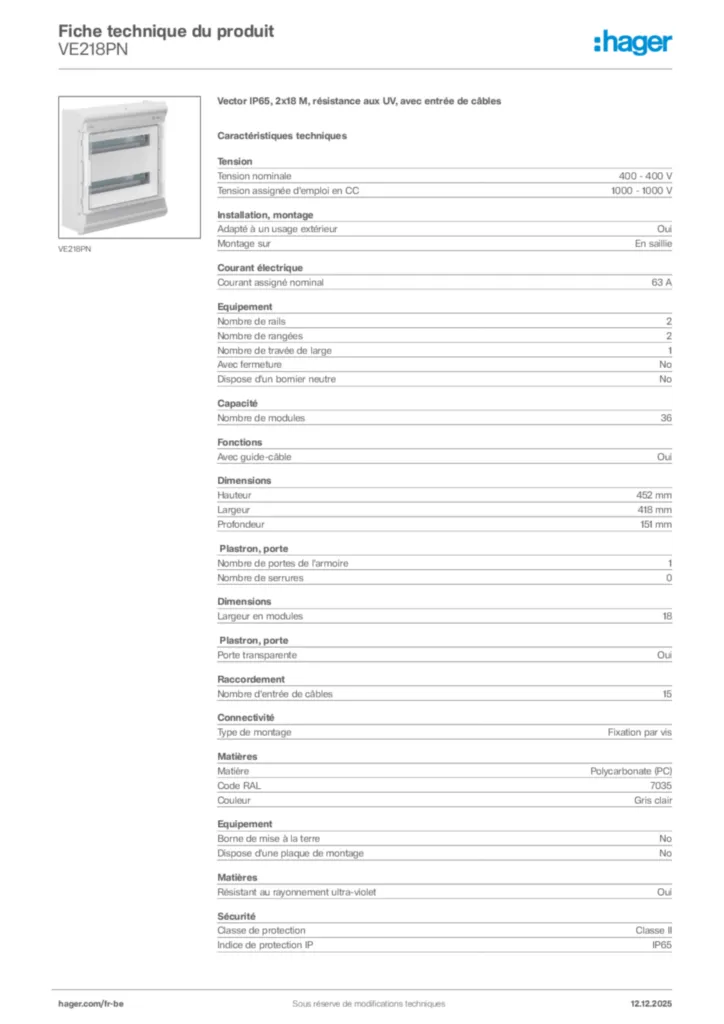 Image Hager Fiche technique du produit VE218PN | Hager Belgique