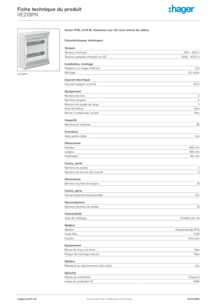 Image Hager Fiche technique du produit VE218PN | Hager Suisse
