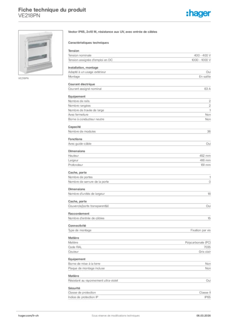 Image Hager Fiche technique du produit VE218PN | Hager Suisse