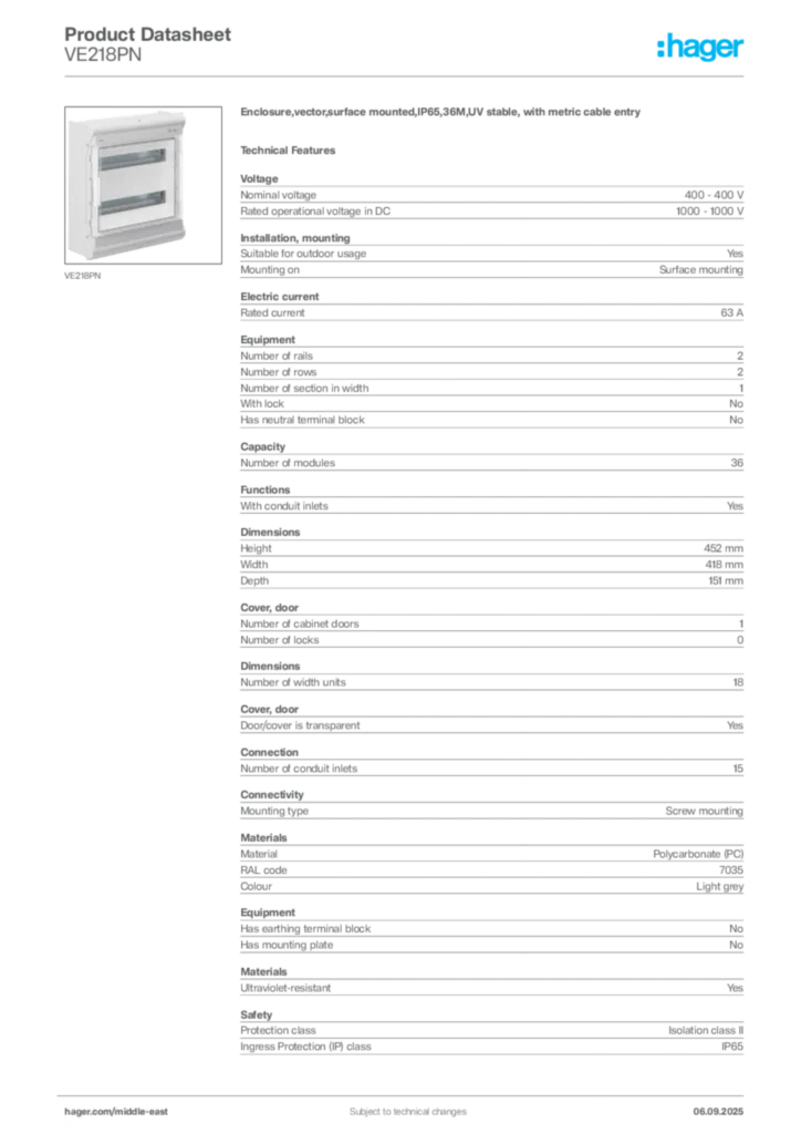 Image Hager Product data sheet VE218PN  | Hager