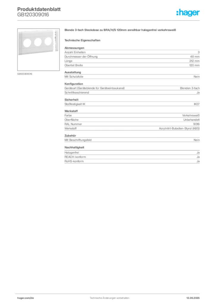 Bild Hager Produktdatenblatt GB120309016 | Hager Deutschland