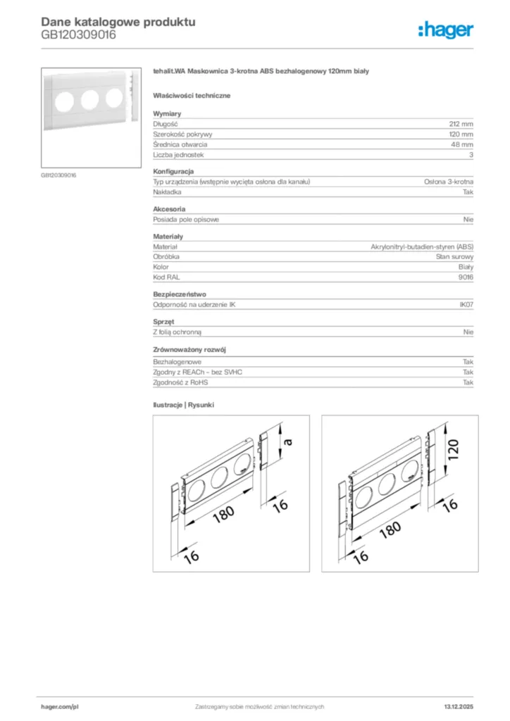 Zdjęcie Hager Karta katalogowa GB120309016 | Hager Polska