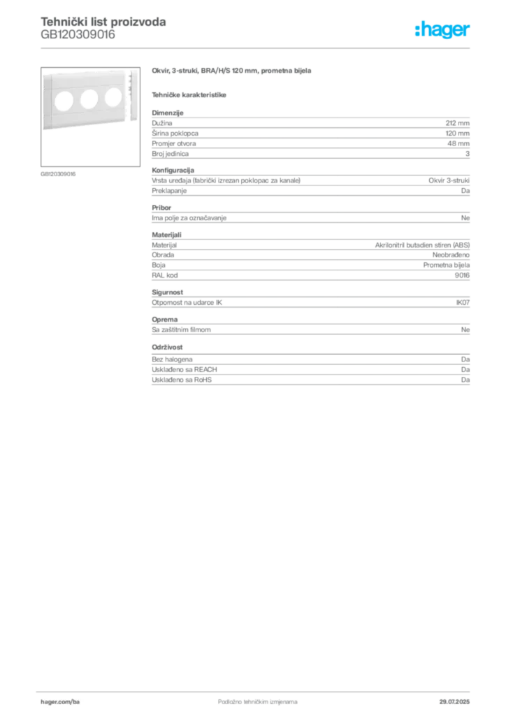 Slika Hager Product data sheet GB120309016  | Hager