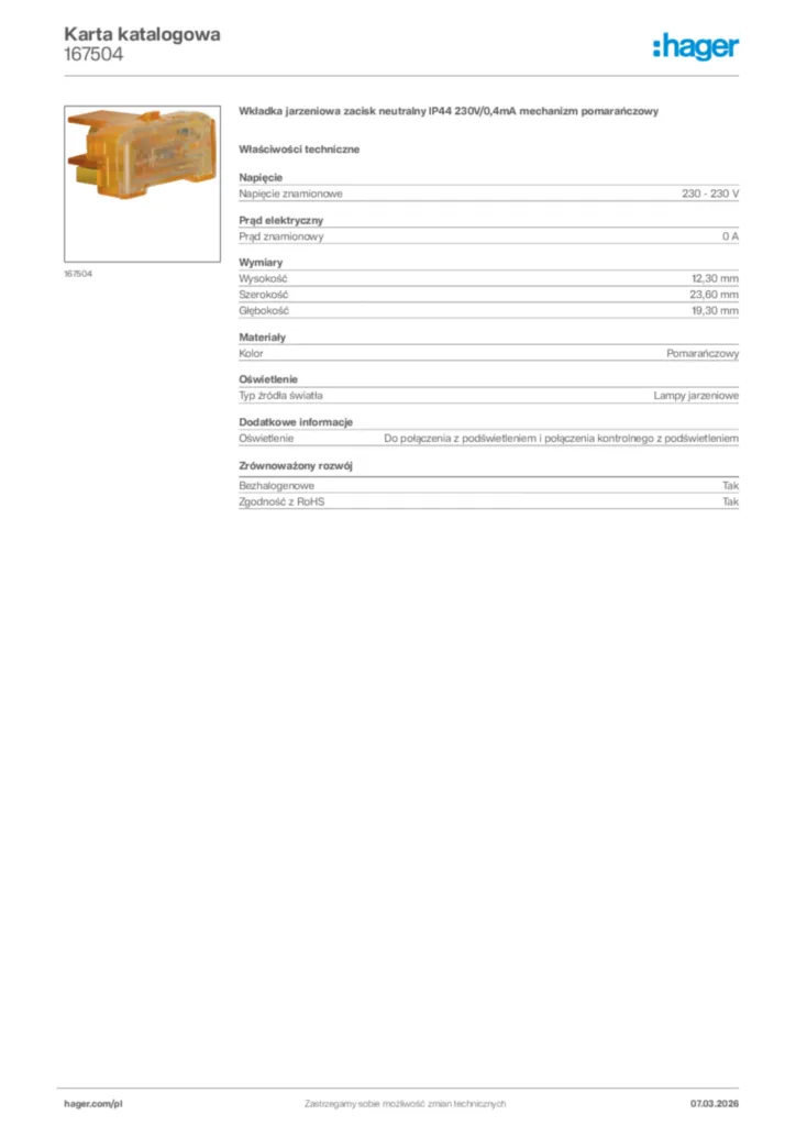 Zdjęcie Hager Karta katalogowa 167504 | Hager Polska