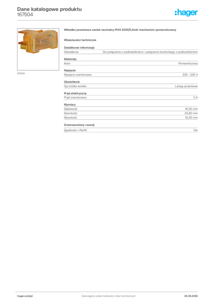 Zdjęcie Hager Karta katalogowa 167504 | Hager Polska