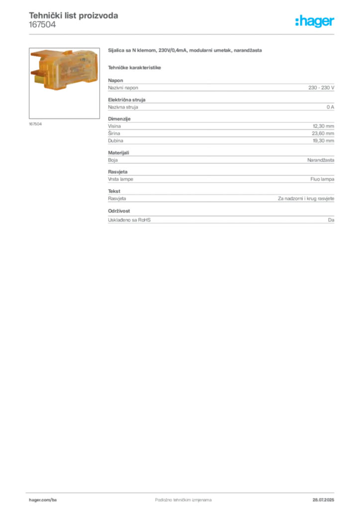 Slika Hager Product data sheet 167504  | Hager