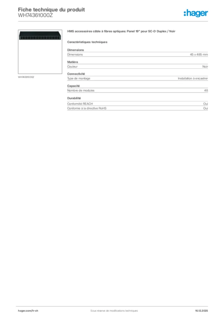Image Hager Fiche technique du produit WH74361000Z | Hager Suisse
