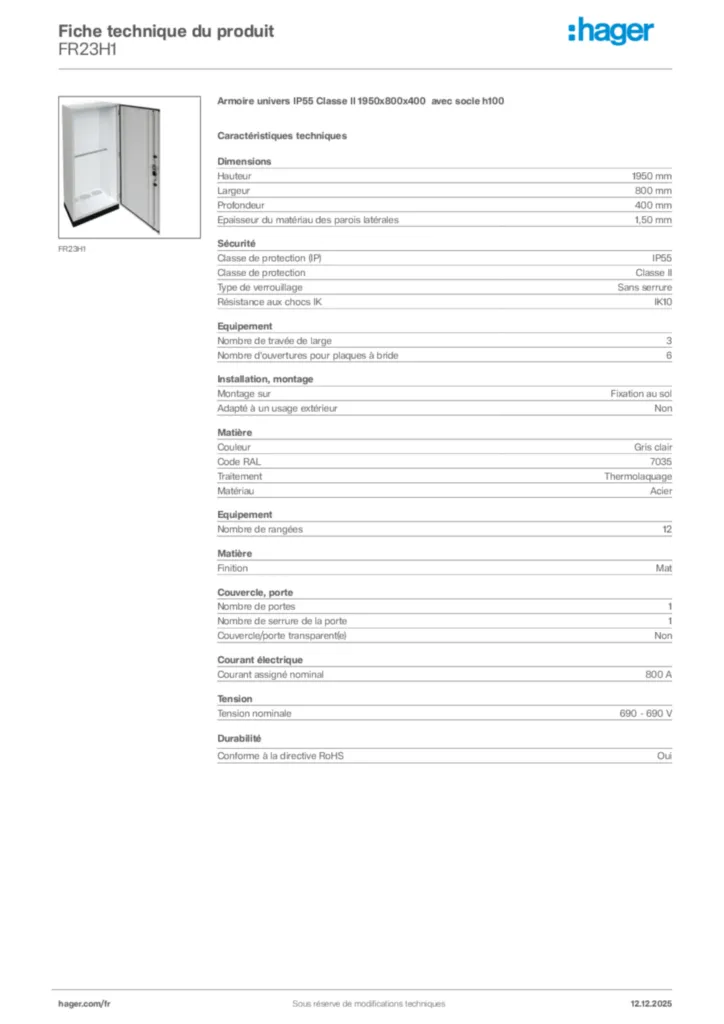 Image Hager Fiche technique du produit FR23H1 | Hager France