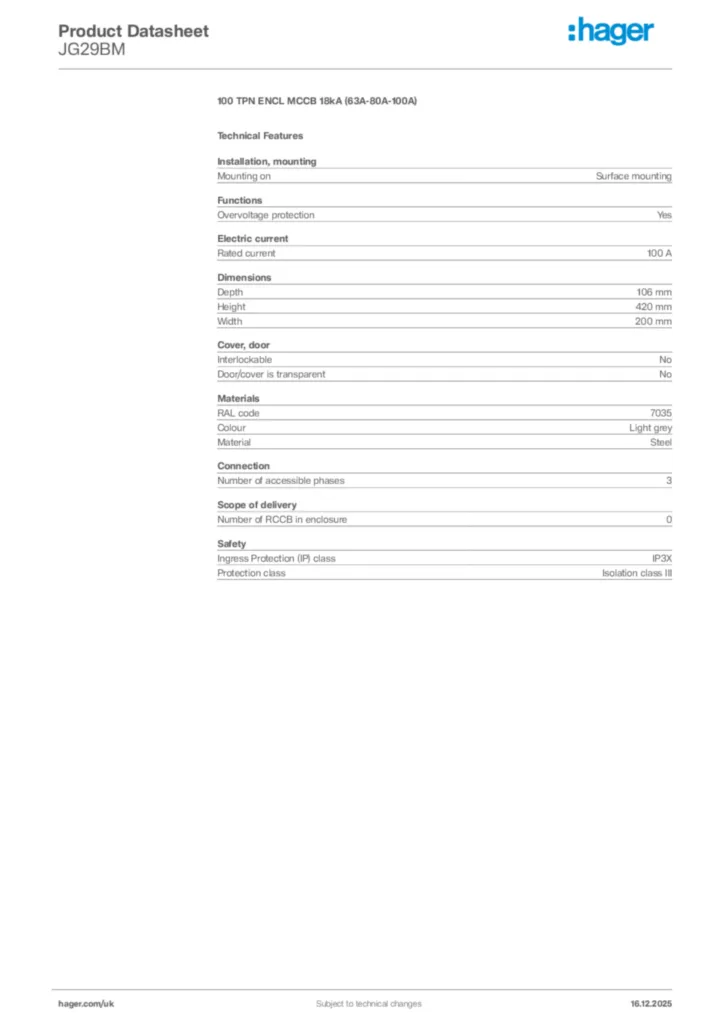 Image Hager Product data sheet JG29BM  | Hager
