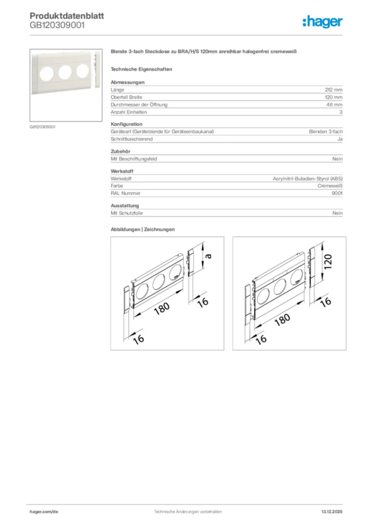 Bild Hager Produktdatenblatt GB120309001 | Hager Deutschland