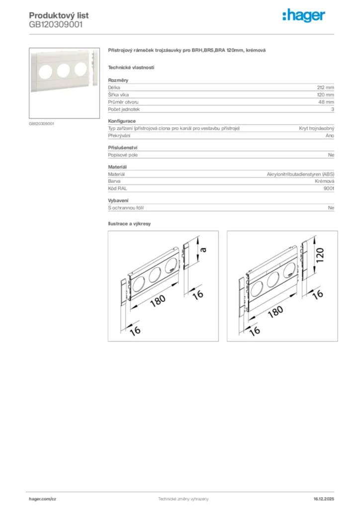 Obrázek Hager Produktový list GB120309001 | Hager