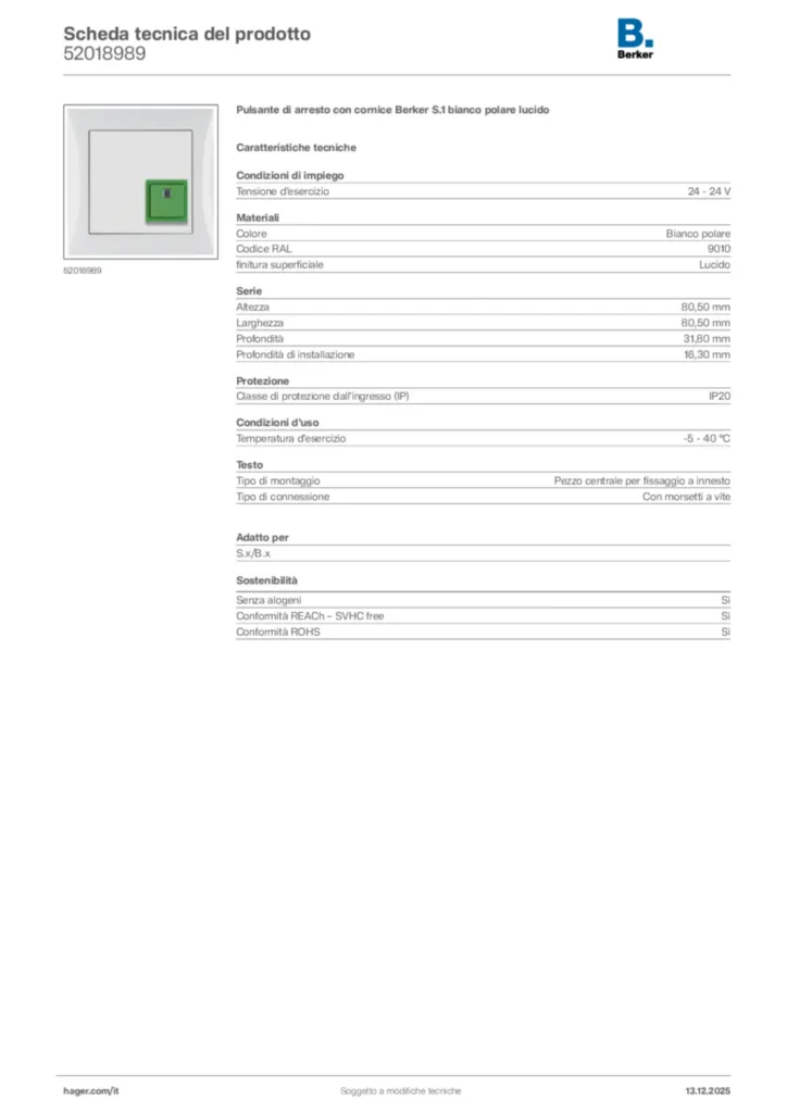 Immagine Berker Scheda tecnica del prodotto 52018989 | Hager Italia