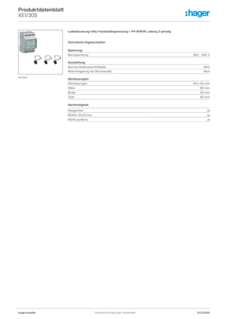 Bild Hager Produktdatenblatt XEV305 | Hager Deutschland
