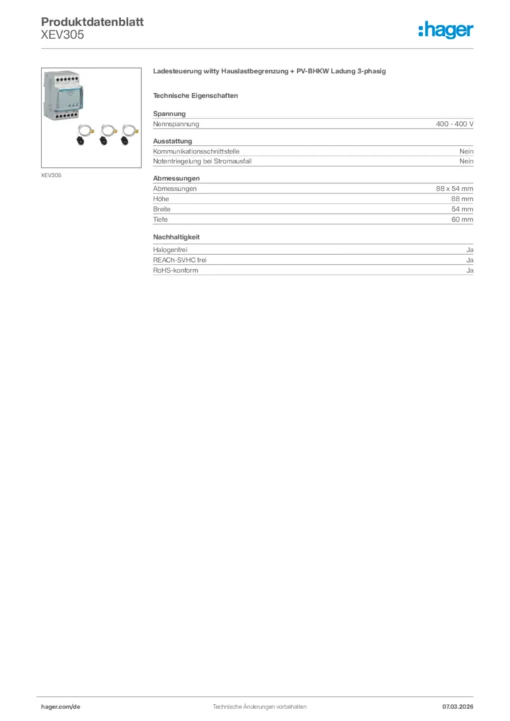 Bild Hager Produktdatenblatt XEV305 | Hager Deutschland