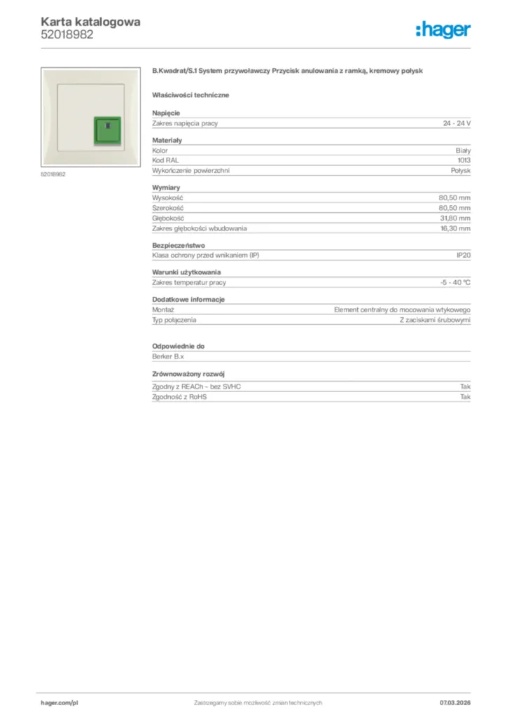 Zdjęcie Hager Karta katalogowa 52018982 | Hager Polska