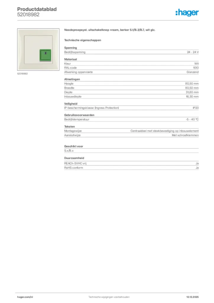 Afbeelding Hager Productdatablad 52018982 | Hager Nederland