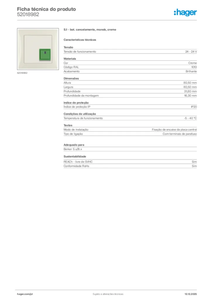 Imagem Hager Ficha técnica do produto 52018982 | Hager Portugal