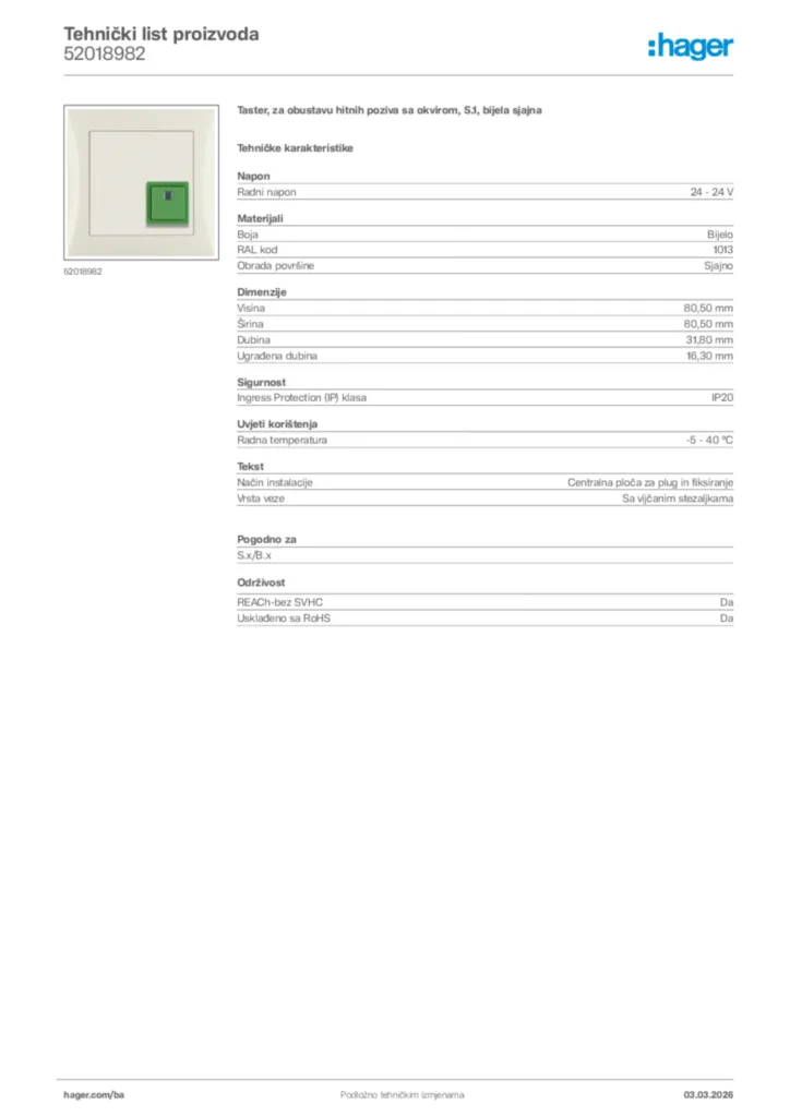 Slika Hager Tehnički list proizvoda 52018982  | Hager