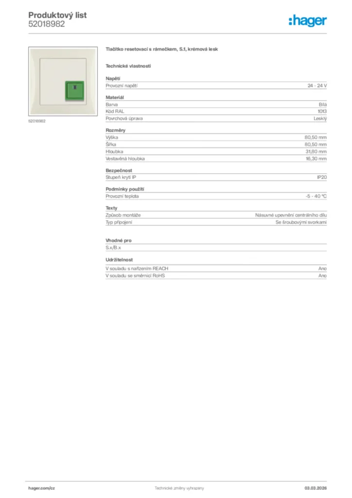 Obrázek Hager Product data sheet 52018982 | Hager