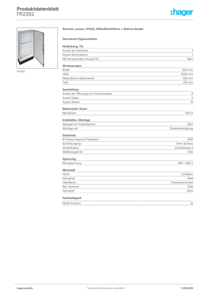 Hager Produktdatenblatt FR23S2