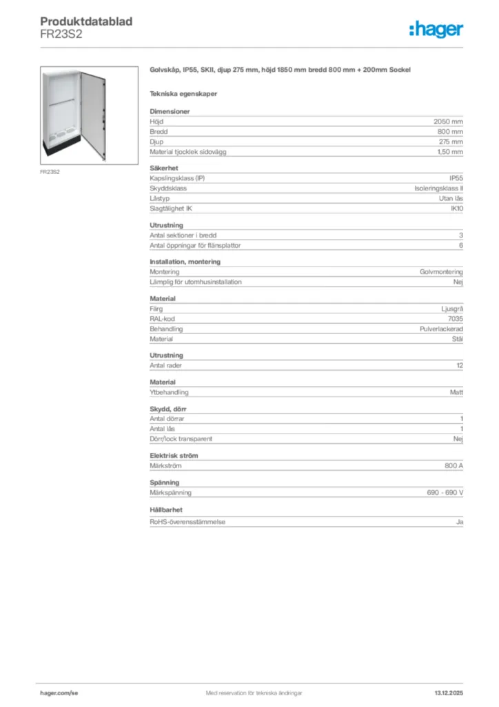 Bild Hager Produktdatablad FR23S2 | Hager Sverige