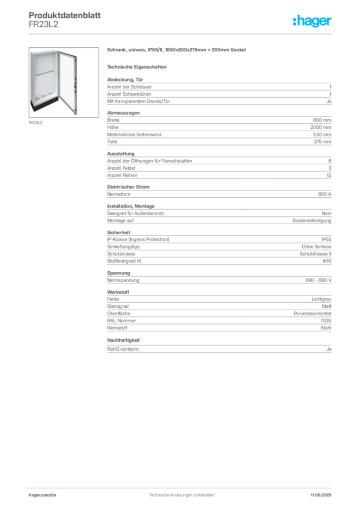 Hager Produktdatenblatt FR23L2