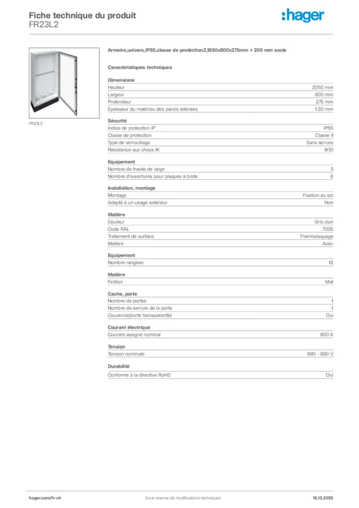 Image Hager Fiche technique du produit FR23L2 | Hager Suisse