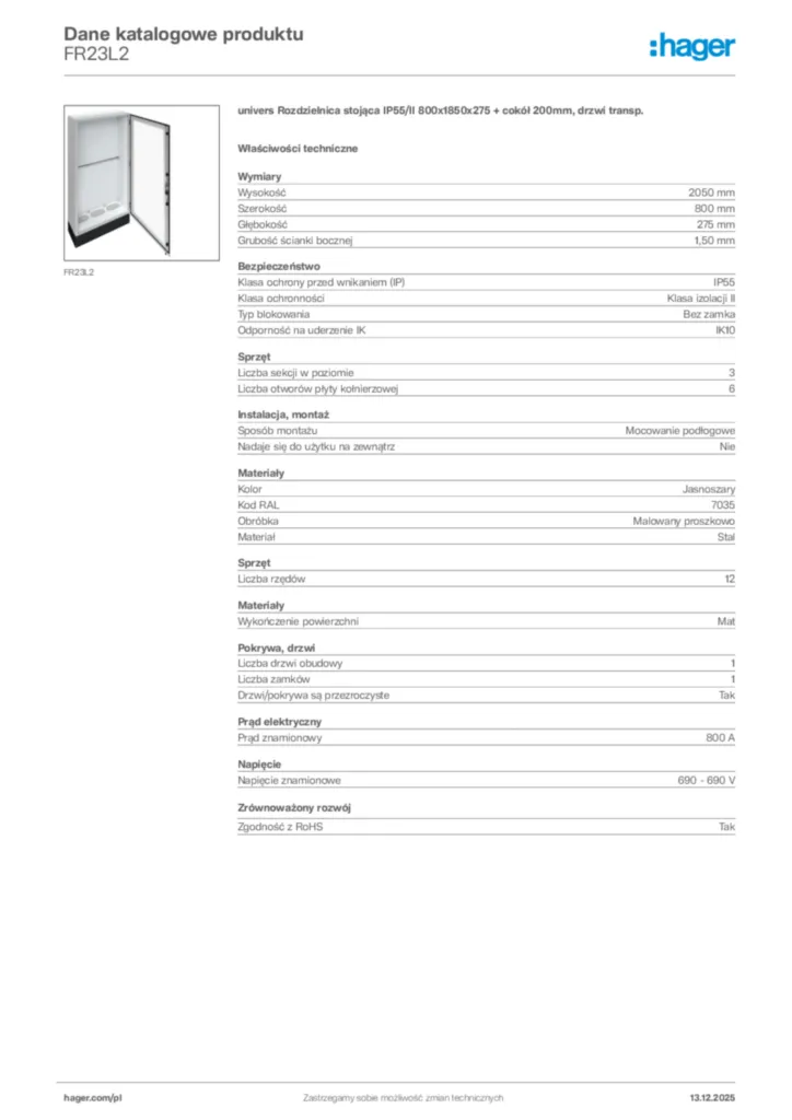 Zdjęcie Hager Karta katalogowa FR23L2 | Hager Polska