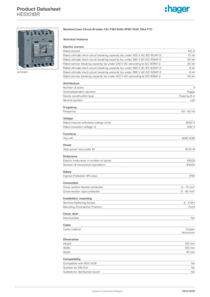 Image Hager Product data sheet HES101BR  | Hager Africa