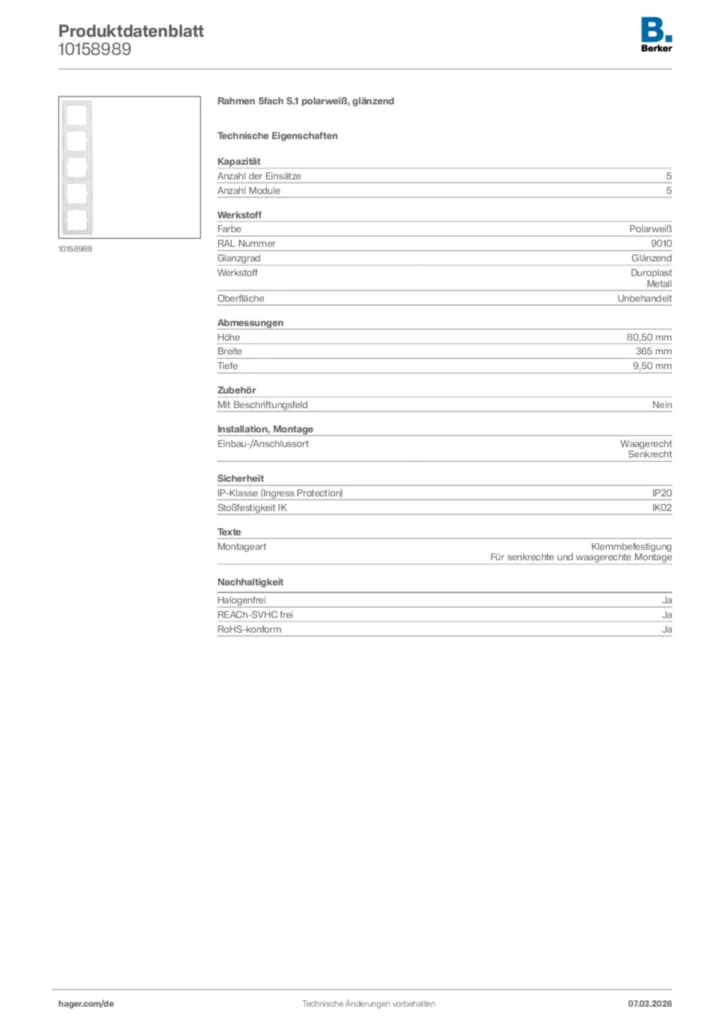 Bild Berker Produktdatenblatt 10158989 | Hager Deutschland