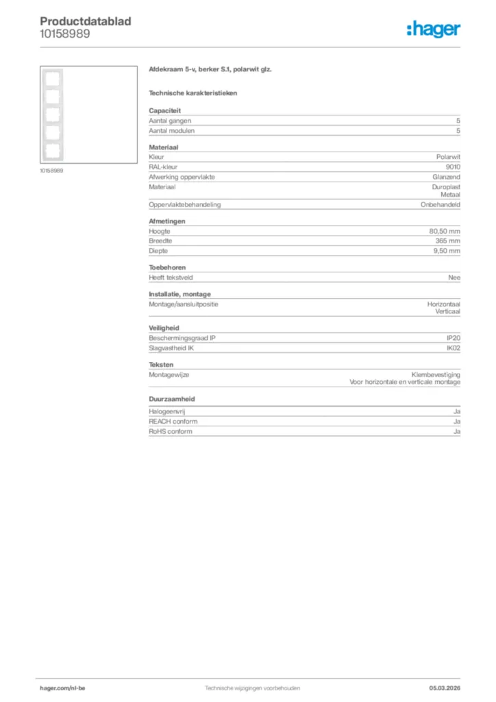 Afbeelding Hager Productdatablad 10158989 | Hager Belgium