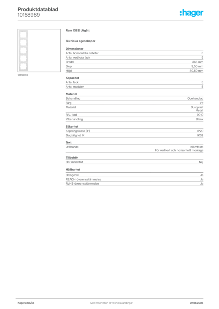 Bild Hager Produktdatablad 10158989 | Hager Sverige