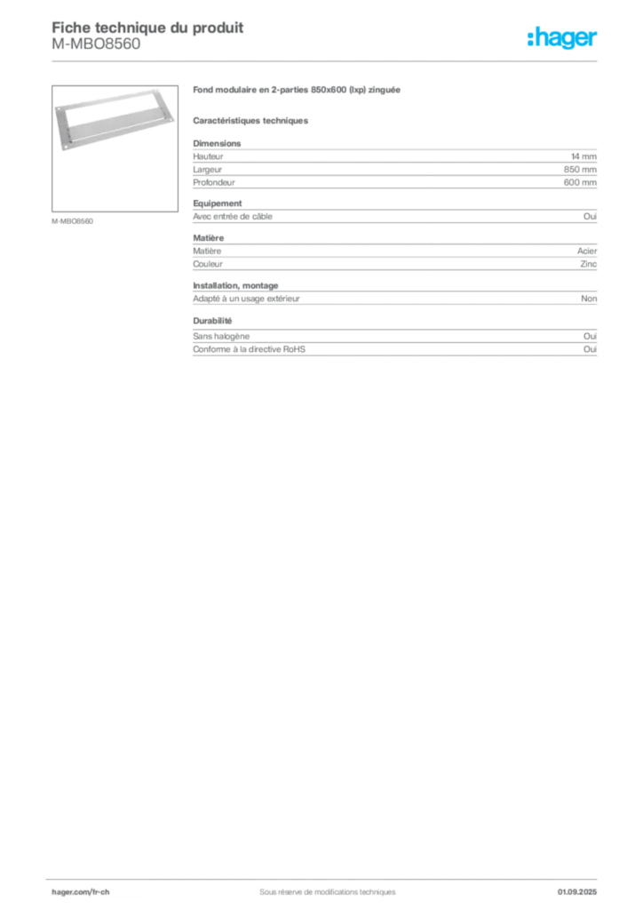 Image Hager Fiche technique du produit M-MBO8560 | Hager Suisse