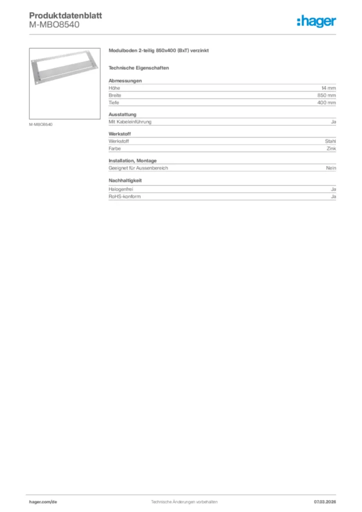 Bild Hager Produktdatenblatt M-MBO8540 | Hager Deutschland